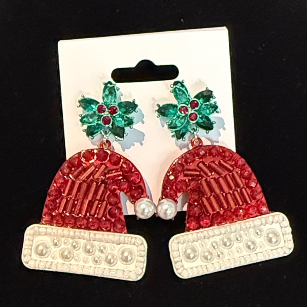 Holiday Lane Gold-Tone Crystal & Imitation Pearl Santa Hat Drop Earrings